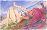  1girl bare_arms bare_legs bare_shoulders barefoot beach beach_towel bikini blue_sky breasts bwh clouds colored_inner_hair day dutch_angle flower green_nails highres hololive horizon long_hair looking_at_viewer lotion_bottle medium_breasts minato_aqua multicolored_hair nail_polish outdoors pink_hair sailor_bikini sailor_collar sky smile solo summer swimsuit towel two-tone_hair violet_eyes virtual_youtuber white_bikini 