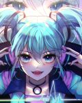  1girl :d black_choker blue_eyes blue_hair blue_jacket blue_nails choker eyebrows_visible_through_hair face hair_between_eyes hands_up hatsune_miku headphones heartbeat highres jacket lips long_hair looking_at_viewer moon_so_00 multiple_views nail_polish open_mouth sidelocks smile twintails vocaloid zoom_layer 
