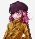  bangs beanie blush braid breast_pocket dangan_ronpa_(series) dangan_ronpa_2:_goodbye_despair earrings grey_background grin hat jewelry jumpsuit long_sleeves looking_at_viewer medium_hair pocket red_eyes sharp_teeth side_braid simple_background single_braid sketch smile solo souda_kazuichi teeth upper_body uzicha 