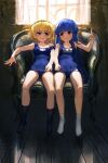  2girls absurdres backlighting bangs black_hairband black_legwear blonde_hair blue_hair blue_swimsuit blunt_bangs bob_cut breasts chair collarbone commentary daible eye_contact eyebrows_visible_through_hair full_body furude_rika hairband highres higurashi_no_naku_koro_ni hime_cut houjou_satoko index_finger_raised indoors long_hair looking_at_another multiple_girls name_tag old_school_swimsuit one-piece_swimsuit school_swimsuit short_hair sidelocks sitting small_breasts smile socks strap_slip swimsuit translated violet_eyes white_legwear window wooden_floor 