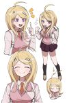  1girl :d ahoge akamatsu_kaede backpack bag bangs beamed_eighth_notes black_legwear blonde_hair blush breasts clenched_hands closed_eyes closed_mouth collared_shirt commentary_request cropped_torso dangan_ronpa_(series) dangan_ronpa_v3:_killing_harmony eighth_note full_body hair_ornament hand_up hands_up highres kneehighs large_breasts long_hair long_sleeves looking_at_viewer medium_breasts miniskirt multiple_views musical_note musical_note_hair_ornament necktie omochi_ksw open_mouth pink_sweater_vest pink_vest pleated_skirt pout school_uniform shirt shoes simple_background skirt smile standing sweater_vest upper_body vest white_background white_shirt 