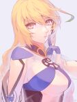  1girl arm_cutout bangs blonde_hair breasts gloves grey_background hair_between_eyes highres index_finger_raised long_hair looking_at_viewer medium_breasts milla_maxwell parted_lips signature solo tales_of_(series) tales_of_xillia ubo_(ubo_tales) upper_body yellow_eyes 