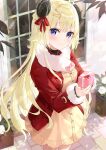  1girl ahoge bangs blonde_hair blue_eyes blush bow buttons coat dress dutch_angle eyebrows_visible_through_hair flower fuumi_(radial_engine) gift hair_ornament hair_ribbon hairclip holding holding_gift hololive horns long_hair long_sleeves looking_at_viewer outdoors pink_bow red_coat red_ribbon ribbon rose shade sheep_horns smile solo standing tsunomaki_watame very_long_hair white_flower white_rose window yellow_dress 