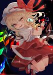  1girl absurdres blonde_hair bow fang flandre_scarlet foot_out_of_frame hat hat_bow highres long_hair mary_janes mob_cap murayo one_side_up open_mouth red_bow red_eyes red_footwear shoes smile solo touhou 