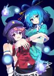  2girls absurdres blue_background commentary_request gradient gradient_background highres jiangshi kaku_seiga looking_at_viewer miyako_yoshika multiple_girls outstretched_arms sharp_teeth simple_background teeth touhou yuujin_(yuzinn333) zombie_pose 