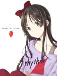  1girl akiyama_mio bangs blue_eyes bow closed_mouth commentary_request dated eyebrows_visible_through_hair hair_bow hair_ornament happy_birthday k-on! kuroshima_nana long_hair looking_at_viewer pants purple_shirt red_bow red_pants shirt simple_background solo white_background 