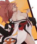  1girl absurdres baiken bangs bare_shoulders breasts collarbone commentary commission eyepatch facial_mark facial_tattoo guilty_gear highres holding holding_pipe japanese_clothes kimono kiseru large_breasts lips long_hair looking_at_viewer parted_bangs parted_lips pink_eyes pink_hair pipe senacolada shiny shiny_skin signature simple_background smoke smoking solo tattoo tied_hair 
