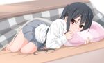  1girl bangs black_hair blurry blurry_background blush brown_eyes commentary_request dresstrip eyebrows_visible_through_hair k-on! kotatsu long_hair lying nakano_azusa open_mouth pillow shirt skirt solo table twintails white_shirt 