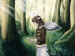  1girl brown_coat brown_eyes brown_hair clonvermin coat feathers forest grass haibane_renmei halo headband highres holding holding_feather medium_hair nature outdoors rakka skirt solo standing sunlight white_skirt wings 