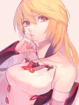  1girl bangs blonde_hair breasts collarbone criss-cross_halter detached_sleeves grey_background hair_between_eyes halterneck highres long_hair looking_at_viewer medium_breasts milla_maxwell orange_eyes parted_lips solo tales_of_(series) tales_of_xillia ubo_(ubo_tales) upper_body 