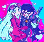  2girls alternate_costume aqua_background aqua_outline artist_name ass ass_grab bayonetta bayonetta_(character) black_hair blue_eyes blush_stickers bodysuit boots commentary couple earrings elbow_gloves english_commentary eyebrows_visible_through_hair eyeshadow eyewear_on_head glasses gloves gun handgun heart holding holding_gun holding_weapon jeanne_(bayonetta) jewelry kcdoos lipstick_mark long_hair looking_at_viewer makeup mole multicolored multicolored_background multiple_girls one_eye_closed open_mouth pistol purple_background purple_lips red_lips short_hair smile sparkle sunglasses symbol_commentary thigh-highs thigh_boots translucent_hair twitter_username very_long_hair watermark weapon white_gloves yuri 