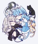  2girls =_= ahoge animal_ear_fluff animal_ears black_jacket blue_hair blue_jacket braid cat cat_ears cat_tail chibi closed_eyes crown_braid elf forever9nine fur_trim grey_hair heart_hair hololive jacket kemonomimi_mode lion_ears lion_girl lion_tail long_hair multiple_girls off_shoulder pointy_ears shishiro_botan sleeping tail virtual_youtuber yukihana_lamy 