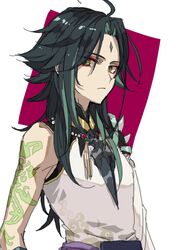  1boy ahoge arm_tattoo bangs bare_shoulders bead_necklace beads black_hair closed_mouth eyebrows_visible_through_hair eyes_visible_through_hair facial_mark forehead_mark genshin_impact green_hair jewelry long_hair looking_at_viewer maka_(morphine) male_focus multicolored_hair necklace parted_bangs shoulder_pads shoulder_spikes simple_background sleeveless solo spikes tassel tattoo white_background xiao_(genshin_impact) yellow_eyes 