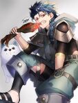  1boy 1other animal asymmetrical_bangs bangs belt blue_hair bodysuit_under_clothes braid braided_ponytail capelet child closed_mouth clothing_cutout cu_chulainn_(fate)_(all) dog earrings eating fangs fate/grand_order fate/grand_order_arcade fate_(series) fgo_moyashi food holding holding_food hood hood_down hooded_capelet jewelry leg_warmers long_hair looking_at_viewer male_focus meat pants ponytail popped_collar puffy_pants puppy red_eyes sandals setanta_(fate) signature simple_background spiky_hair thigh_cutout 