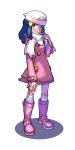  1girl aqua_eyes boots closed_mouth dark_blue_hair hikari_(pokemon) dress facing_away fingernails full_body hand_up hat highres knee_boots kneehighs legs_apart long_hair long_sleeves looking_away looking_up nichi_(hibi_suimin) pink_dress pink_footwear pokemon pokemon_(game) pokemon_dppt pokemon_platinum scarf simple_background smile solo standing white_background white_headwear white_legwear white_scarf 