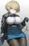  1girl bangs belt black_gloves black_jacket black_legwear blonde_hair blue_belt blue_eyes blue_neckwear blue_skirt blush breasts collared_shirt commentary_request cowboy_shot cuffs eyebrows_visible_through_hair girls_frontline gloves gradient gradient_background gugugu hair_between_eyes hair_ornament handcuffs highres holding_handcuffs jacket large_breasts long_sleeves looking_at_viewer magazine_(weapon) miniskirt mole mole_under_eye neck_ribbon open_clothes open_jacket pantyhose parted_lips ribbon russian_flag shirt shirt_tucked_in short_hair sidelocks simple_background skirt snap-fit_buckle snowflake_hair_ornament solo standing striped striped_neckwear thighband_pantyhose underbust vsk-94_(girls_frontline) white_background white_shirt 