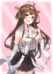  1girl ahoge bare_shoulders black_skirt blush brown_hair collarbone cowboy_shot detached_sleeves double_bun hair_between_eyes hairband headgear highres japanese_clothes kamidanomi kantai_collection kongou_(kancolle) long_hair nontraditional_miko open_mouth pleated_skirt remodel_(kantai_collection) ribbon-trimmed_sleeves ribbon_trim skirt smile solo upper_teeth violet_eyes wide_sleeves 