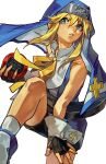  1boy :d aqua_eyes bangs bike_shorts black_gloves blonde_hair blue_footwear boots bridget_(guilty_gear) cross cuffs fingerless_gloves gloves guilty_gear guilty_gear_xx habit hair_between_eyes hand_on_own_thigh hand_up highres holding holding_weapon knee_up looking_to_the_side male_focus mars_symbol nun open_mouth otoko_no_ko oversized_object parted_lips ribbon simple_background sleeveless smile socks solo standing standing_on_one_leg teeth uncle_rabbit_ii weapon white_background wrist_cuffs yellow_ribbon yo-yo 