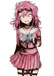  1girl arm_at_side bangs barbed_wire black_choker black_gloves blush braid breasts choker clenched_teeth collarbone cosplay cowboy_shot crying crying_with_eyes_open dangan_ronpa_(series) dangan_ronpa_2:_goodbye_despair fingerless_gloves genderswap genderswap_(mtf) gloves goggles goggles_on_head hand_up highres iruma_miu iruma_miu_(cosplay) long_sleeves looking_at_viewer medium_breasts o-ring o-ring_top pink_eyes pink_hair pink_shirt pink_skirt pleated_skirt school_uniform serafuku sharp_teeth shirt side_braid simple_background skirt solo souda_kazuichi standing tears teeth thigh_strap uzicha white_background 