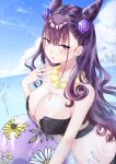  1girl absurdres bangs bare_shoulders blush breasts clouds commentary_request double_bun earrings eyebrows_visible_through_hair fate/grand_order fate_(series) floral_print hair_ornament highres innertube jewelry large_breasts long_hair murasaki_shikibu_(fate) necklace parted_lips purple_hair sky solo swimsuit tobi_(pixiv41237754) very_long_hair violet_eyes 
