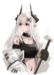  1girl arknights black_gloves cropped_torso gloves hammer highres horns long_hair looking_away midriff mudrock_(arknights) off_shoulder oripathy_lesion_(arknights) parted_lips pointy_ears red_eyes simple_background sledgehammer solo sowb tank_top white_background white_hair 