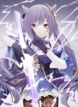  1girl bangs bare_shoulders black_gloves black_legwear braid closed_mouth collared_dress cowboy_shot detached_sleeves double_bun dress film_grain french_braid genshin_impact gloves hair_ornament highres holding holding_sword holding_weapon keqing_(genshin_impact) lightning long_hair looking_at_viewer pantyhose purple_dress purple_hair shirt short_dress short_sleeves sleeveless sleeveless_dress solo sword twintails violet_eyes weapon white_shirt yuzuno_kaori 