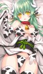  1girl :d animal_ears animal_print bangs bed_sheet bell bikini black_bikini blush breasts breasts_apart collar commentary_request cow_ears cow_girl cow_print earrings elbow_gloves fate/grand_order fate_(series) flower_knot gloves green_hair grey_hair hand_up highres horns japanese_clothes jewelry kimono kiyohime_(fate) long_hair looking_at_viewer lying medium_breasts morizono_shiki obi on_back open_mouth red_collar sash shiny shiny_hair skindentation smile solo swimsuit thigh-highs thighs white_bikini white_hair white_horns white_kimono yellow_eyes 