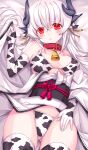  1girl :d animal_ears animal_print ass_visible_through_thighs bangs bed_sheet bell bikini black_bikini blush breasts breasts_apart collar cow_ears cow_girl cow_print cowbell earrings elbow_gloves fate/grand_order fate_(series) flower_knot gloves grey_hair hand_up highres horns japanese_clothes jewelry kimono kiyohime_(fate) long_hair looking_at_viewer lying medium_breasts morizono_shiki obi on_back open_mouth pale_skin red_collar red_eyes sash shiny shiny_hair skindentation smile solo swimsuit thigh-highs thighs white_bikini white_hair white_horns white_kimono 