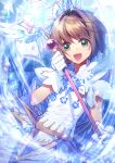  1girl :d antenna_hair bangs brown_hair cardcaptor_sakura crown eyebrows_visible_through_hair gloves green_eyes hair_intakes highres holding holding_staff kinomoto_sakura mini_crown open_mouth shiny shiny_hair shirt short_hair smile solo staff standing white_gloves white_shirt yun_(outsidey) 