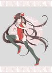 1girl absurdly_long_hair bangs bare_arms bare_shoulders black_legwear blush breasts brown_hair bun_cover character_name china_dress chinese_clothes closed_mouth commentary_request dangan_ronpa_(series) dangan_ronpa_v3:_killing_harmony double_bun dress eyebrows_visible_through_hair fighting_stance from_side frown full_body grey_background hair_ornament hands_up harukawa_maki knee_up long_hair looking_at_viewer red_dress red_eyes red_footwear shoes small_breasts solo standing standing_on_one_leg thigh-highs twintails very_long_hair yoshi_taka_(y_04taka) 