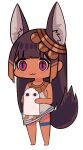  &gt;o&lt; 1girl :3 absurdres animal_ears bare_arms bare_shoulders barefoot brown_hair chibi closed_mouth dark_skin dark-skinned_female dress dress_lift egyptian egyptian_clothes full_body highres holding long_hair looking_at_viewer medjed_(mythology) original simple_background sleeveless sleeveless_dress slit_pupils standing tail teardrop thigh_strap toy_box-r very_long_hair violet_eyes white_background white_dress 