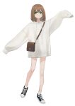  1girl absurdres bag bangs brown_hair eyebrows_visible_through_hair full_body green_eyes hand_up highres long_sleeves looking_at_viewer original parted_lips shoes short_hair sidelocks sleeves_past_fingers sleeves_past_wrists sneakers socks solo standing sweater white_background white_legwear white_sweater yoon_cook 