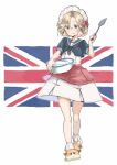  1girl apron bangs black_neckwear blonde_hair blue_eyes blue_sailor_collar bowl dress full_body holding holding_spatula janus_(kancolle) kantai_collection left-handed maid_headdress matsutani parted_bangs red_apron sailor_collar sailor_dress slippers solo spatula union_jack white_dress 