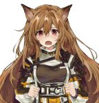  1girl animal_ears arknights armor baggy_clothes bangs belt belt_buckle blush breasts buckle ceobe_(arknights) clenched_hands d: dog_ears dog_girl eyebrows_visible_through_hair fang heart jacket large_breasts light_brown_hair long_hair long_sleeves looking_at_viewer open_mouth qls red_eyes shoulder_armor shoulder_pads simple_background upper_body white_background 