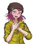  1boy bangs beanie black_headwear blush braid collarbone cowboy_shot dangan_ronpa_(series) dangan_ronpa_2:_goodbye_despair drooling earrings hands_up hat highres jewelry jumpsuit looking_at_viewer male_focus medium_hair official_style open_mouth parody pink_eyes pink_hair sharp_teeth side_braid simple_background souda_kazuichi sweat sweating_profusely teeth upper_body uzicha white_background yellow_jumpsuit 