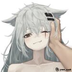  1girl absurdres animal_ears arknights artist_name bangs bare_shoulders brown_eyes closed_mouth collarbone eyebrows_visible_through_hair fang grey_hair hair_between_eyes hair_ornament hairclip highres lappland_(arknights) long_hair looking_at_viewer messy_hair one_eye_closed portrait scar scar_across_eye scar_on_face sidelocks smile solo_focus white_background wolf_ears wolf_girl yoon_cook 