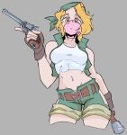  1girl bandana blonde_hair breasts brown_gloves bubble_blowing chef033 chewing_gum contrapposto crop_top cropped_legs explosive fingerless_gloves gloves green_bandana green_shorts grenade grey_background groin gun handgun highres hip_vent holding holding_gun holding_weapon kasamoto_eri looking_at_viewer metal_slug navel open_clothes open_vest orange_eyes pistol revolver shorts small_breasts solo stielhandgranate torn_clothes trigger_discipline vest weapon 