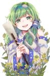  1girl :d artist_name bangs bare_shoulders blue_hairband commentary_request detached_sleeves eyebrows_visible_through_hair fingernails floral_background flower flower_request frog_hair_ornament gohei green_eyes green_hair hair_ornament hair_tubes hairband hands_together holding holding_stick kochiya_sanae looking_at_viewer meronpan_(ghzk2583) open_mouth shirt sidelocks simple_background smile snake_hair_ornament solo stick touhou upper_body upper_teeth white_background white_shirt wide_sleeves yellow_flower 
