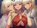  3girls anchor_necklace azur_lane breasts cape capelet dido_(azur_lane) dress earrings eyebrows_visible_through_hair fireworks flower formidable_(azur_lane) fur-trimmed_capelet fur_trim hair_flower hair_ornament highres huge_breasts jewelry kioroshin light_purple_hair long_hair looking_at_viewer looking_to_the_side medium_hair multiple_girls open_mouth platinum_blonde_hair red_dress red_eyes sirius_(azur_lane) under_boob upper_body very_long_hair violet_eyes white_cape white_hair yellow_capelet 