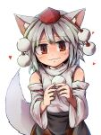  1girl animal_ears detached_sleeves hat heart highres inubashiri_momiji kusiyan looking_at_viewer pom_pom_(clothes) red_eyes silver_hair simple_background solo tail tokin_hat touhou wavy_mouth white_background wolf_ears wolf_tail 