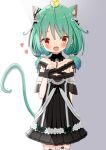  1girl :d absurdres animal_ear_fluff animal_ears bangs bare_shoulders black_dress blush cat_ears cat_girl cat_tail collarbone commentary_request dress eyebrows_visible_through_hair fang frilled_legwear green_hair hair_between_eyes hand_up heart highres hololive jiu_(sdesd3205) long_hair looking_at_viewer low_twintails off-shoulder_dress off_shoulder open_mouth paw_pose red_eyes smile solo tail thigh-highs twintails uruha_rushia virtual_youtuber white_legwear wrist_cuffs 