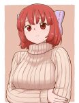  1girl alternate_costume arms_under_breasts bangs beige_sweater blue_bow blunt_bangs border bow breasts brown_background closed_mouth commentary_request crossed_arms expressionless eyebrows_visible_through_hair fingernails hair_bow medium_breasts outside_border poronegi red_eyes redhead ribbed_sweater sekibanki short_hair simple_background solo sweater touhou turtleneck turtleneck_sweater upper_body white_border 