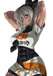  1girl abs absurdres arms_behind_head arms_up bangs bea_(pokemon) black_bodysuit black_hairband bodysuit bodysuit_under_clothes bow_hairband breasts collared_shirt covered_abs dark_skin dark-skinned_female grey_eyes grey_hair gym_leader hair_between_eyes hairband highres j.h. large_breasts looking_at_viewer muscular muscular_female pokemon pokemon_(game) pokemon_swsh print_shirt print_shorts shirt short_hair short_sleeves shorts simple_background thighs tied_shirt toned white_shirt white_shorts 