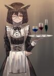  1girl absurdres apron arknights bangs black_dress black_neckwear bow bowtie brown_hair collared_shirt cowboy_shot cup dress drinking_glass frilled_apron frills glasses green_eyes hair_between_eyes hair_flaps hand_up highres holding holding_towel juliet_sleeves long_sleeves looking_away looking_to_the_side maid one_eye_closed parted_lips plate puffy_sleeves semi-rimless_eyewear shirt short_hair sidelocks silence_(arknights) simple_background solo standing towel white_apron white_towel wine_glass wrist_cuffs yoon_cook 