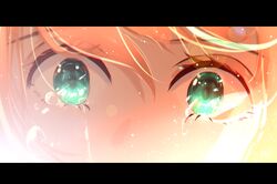  1girl blonde_hair blurry bokeh crying crying_with_eyes_open depth_of_field eyes green_eyes highres letterboxed light_particles original sad skyrick9413 tears 