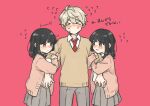  &gt;_&lt; 1boy 2girls blush brown_sweater grey_hair grey_pants grey_skirt holding_hand hosaka_kinami long_hair long_sleeves multiple_girls necktie original pants pink_eyes pink_sweater red_background red_neckwear school_uniform short_hair simple_background skirt sweater translation_request 