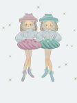  2girls aqua_footwear aqua_headwear blush brown_hair closed_eyes grey_legwear hat long_sleeves medium_hair mu_mashu multiple_girls original personification pink_footwear pink_headwear shirt shoes smile socks white_shirt 