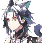  1boy aee_gnsn ahoge animal_ears bangs bare_shoulders bead_necklace beads black_hair cat_ears cat_tail closed_mouth eyebrows_visible_through_hair eyes_visible_through_hair facial_mark forehead_mark genshin_impact green_hair highres jewelry long_hair looking_to_the_side male_focus multicolored_hair necklace parted_bangs shoulder_spikes simple_background sleeveless slit_pupils solo spikes tail white_background xiao_(genshin_impact) yellow_eyes 