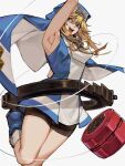  1boy :d armpits bangs bike_shorts black_gloves blonde_hair blue_eyes bridget_(guilty_gear) cross cuffs fingerless_gloves gloves guilty_gear guilty_gear_xx hair_between_eyes hand_up highres looking_to_the_side male_focus mars_symbol nun open_mouth otoko_no_ko oversized_object ribbon simple_background smile solo standing standing_on_one_leg teeth uncle_rabbit_ii white_background wrist_cuffs yellow_ribbon yo-yo 