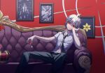  1boy ahoge apple apple_core black_pants breast_pocket bullet_print cheek_rest closed_mouth collarbone collared_shirt commentary_request couch crown dangan_ronpa_(series) dangan_ronpa_2:_goodbye_despair food fruit green_neckwear hands_up highres hinata_hajime hinata_hajime_(awakened) holding kamukura_izuru leaning_to_the_side looking_at_viewer male_focus navel necktie on_couch pale_skin pants pocket red_background red_eyes shirt short_hair sitting smile solo spoilers white_hair white_shirt ziling 